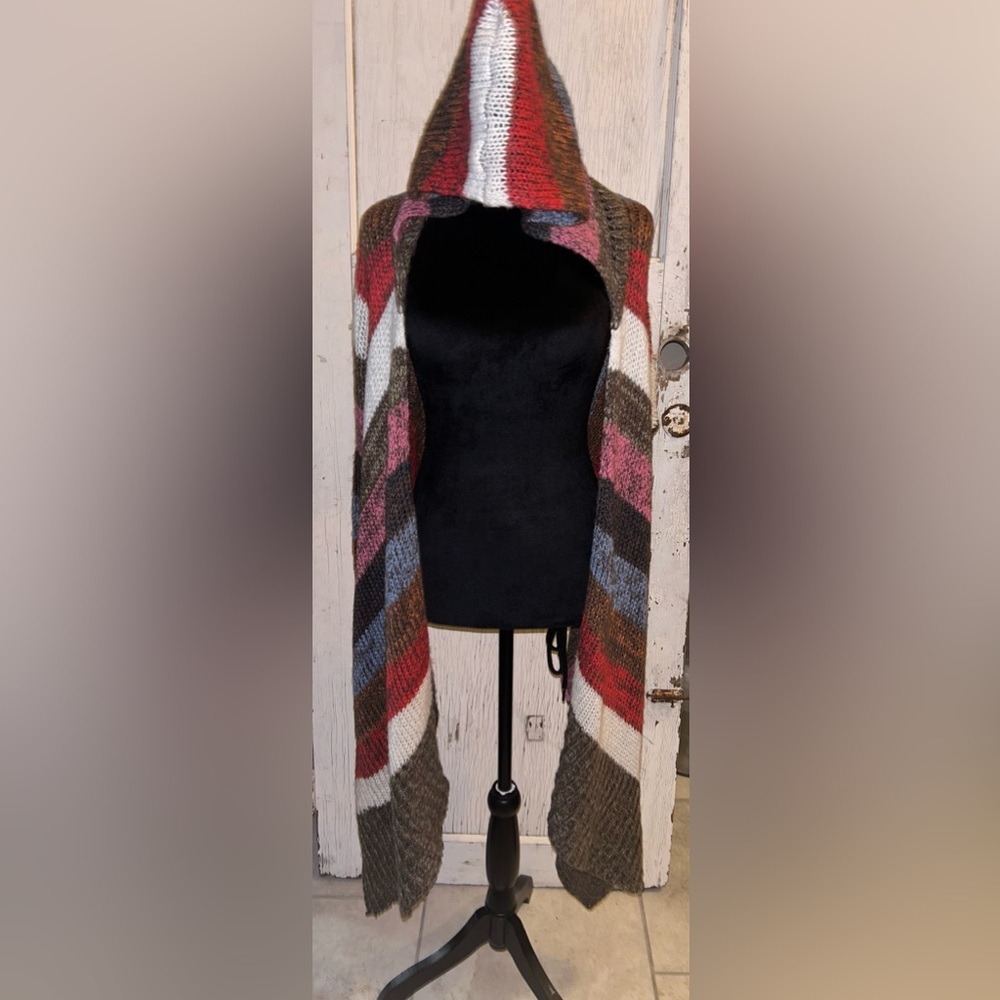 Ashley By 26 International Cardigan Womens Sz M Multi Stripe Asymmetrical Hooded